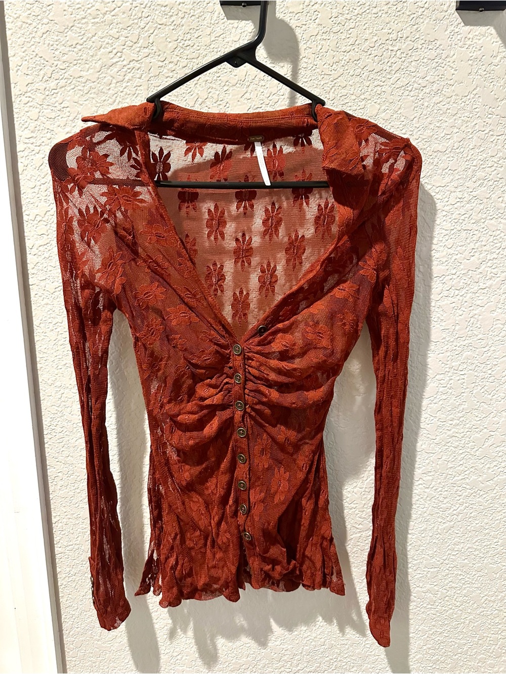 Free People Rust Sheer Button-Front Long Sleeve Top
